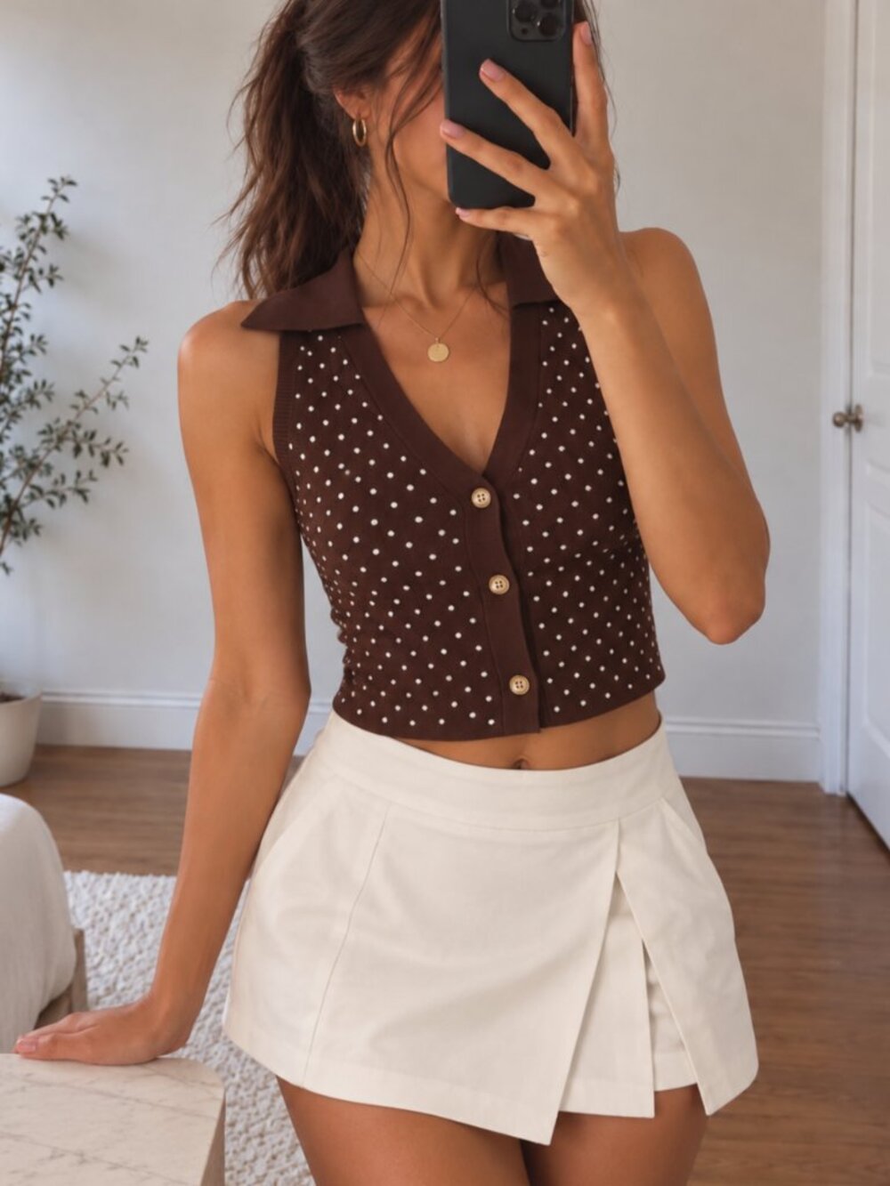 Urban Revivo Retro Polka Dot Knit Vest Brown Crop Top NWT Size M